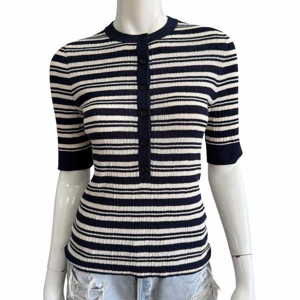 A.L.C. Fisher Top, Women’s Luxury Striped Knit Tee, Navy & White, Lf